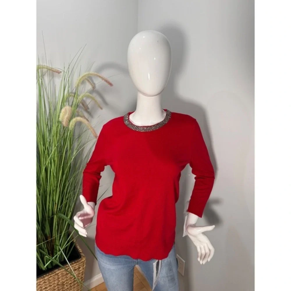 Liz Claiborne‎ Red Jeweled Neck 3/4 Sleeve Sweater Top Elegant Knit Size L NEW